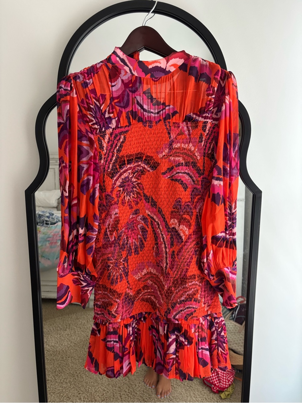 FARM Rio Red & Pink Printed Long-Sleeve Smocked Dress